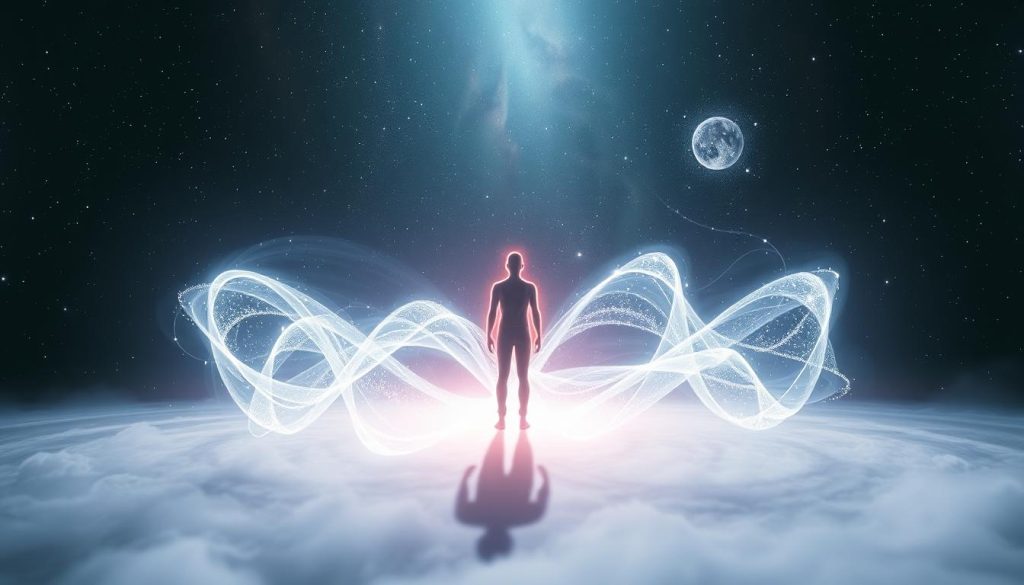 A surreal and ethereal scene depicting the quantum observation effect. In the foreground, a glowing, translucent figure representing an observer stands amidst a swirling vortex of energy, their presence altering the very fabric of reality. The middle ground features shimmering, overlapping quantum waveforms, each in a state of superposition, until the observer's gaze causes them to collapse into distinct particles. The background is a vast, cosmic expanse filled with shimmering stars and nebulae, hinting at the infinite scale of the quantum realm. Soft, diffuse lighting casts an otherworldly glow, and the camera angle is slightly elevated, inviting the viewer to contemplate the profound implications of quantum mechanics. A surreal and ethereal scene depicting the quantum observation effect. In the foreground, a glowing, translucent figure representing an observer stands amidst a swirling vortex of energy, their presence altering the very fabric of reality. The middle ground features shimmering, overlapping quantum waveforms, each in a state of superposition, until the observer's gaze causes them to collapse into distinct particles. The background is a vast, cosmic expanse filled with shimmering stars and nebulae, hinting at the infinite scale of the quantum realm. Soft, diffuse lighting casts an otherworldly glow, and the camera angle is slightly elevated, inviting the viewer to contemplate the profound implications of quantum mechanics.